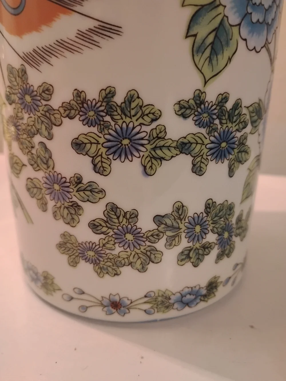 Vintage Japanese Porcelain Cylinder Vase Blue Peony & Pheasants Mid century 10